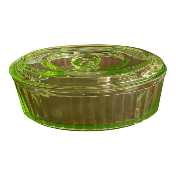 Vintage 1930s Anchor Hocking Oval Uranium Green Ribbed Depression Glass - Picture 9 of 10